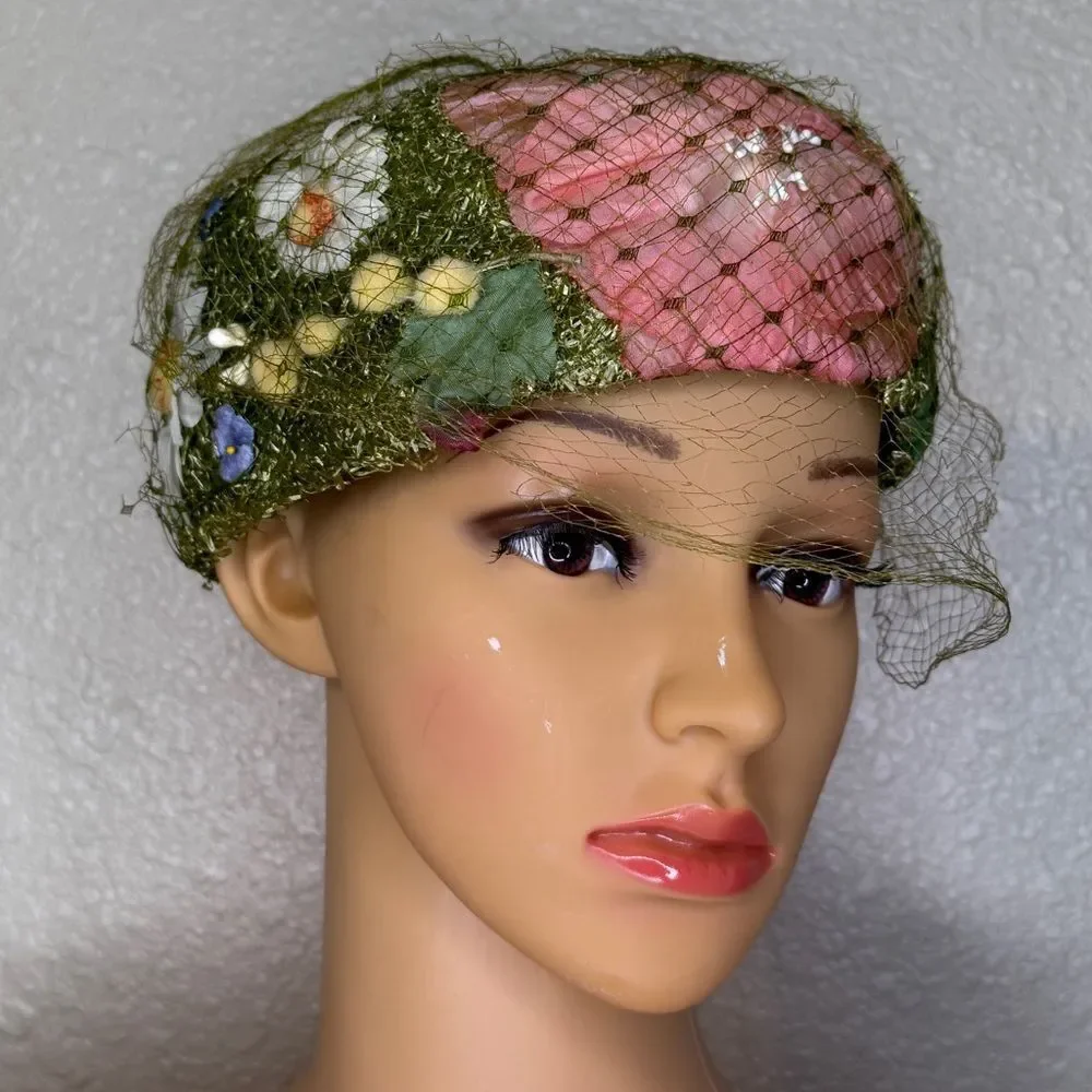 Vintage Rare Hutzler’s Pillbox Floral Tulle Net Fascinator Hat Green White Pink - Picture 6 of 15